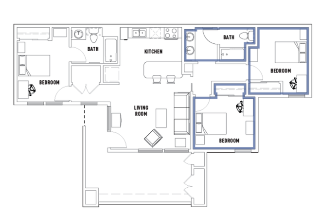 The highlighted is the area of the bedroom and shared bathroom. - Apartment close to UC Irvine campus