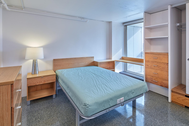 Sample furnished bedroom at Peabody Terrace – queen bed, desk, built-in storage - Summer Sublet – 1 Bedroom in 2BR Peabody Terrace Apt, Utilities Included