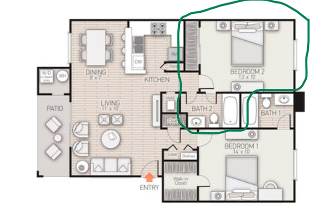Apartment layout with highlighted bedroom & bathroom for sublease - Westwood Apartments, 10 min walk from UTC Mall