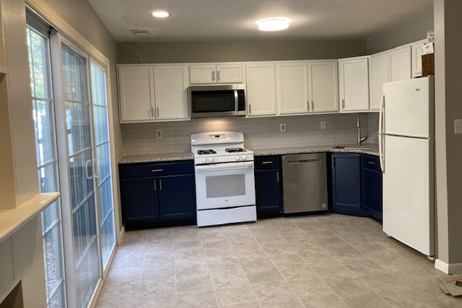 Brand new white/blue eat in kitchen with fireplace. New cabinets, granite countertop, tiles, sink, diswasher, microwave, light etc - Unfurnished 3BR thome-Poplar Ct-South Brunswick