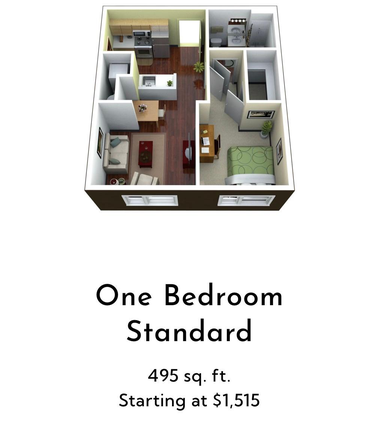 This is a one-bedroom, one bathroom floor plan (495 sq ft at $1,515 per month). - The Continuum Apartments (Subletting 1x1 - 1 month free rent!)