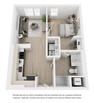 one bedroom b floorplan rendering. - Fieldstone Artisan- Graduate housing