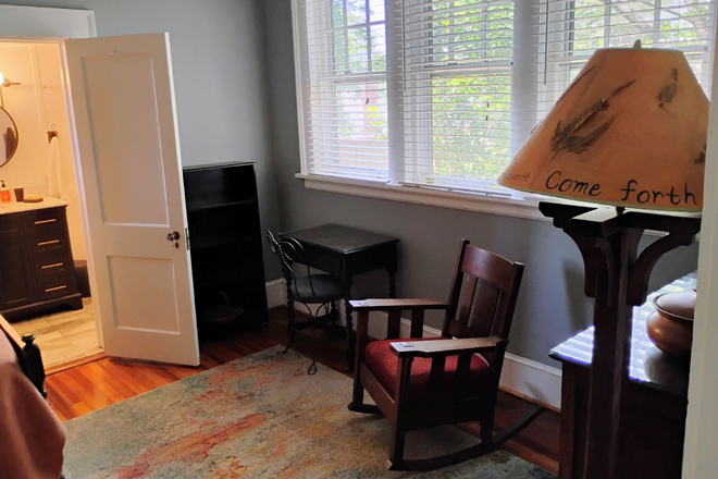 bedroom windows and desk, door to bath at rear - Private Room and Bath near medical campus House