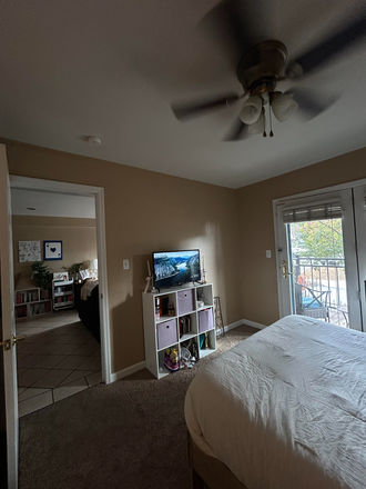 Bedroom with small view of living room. Doors lead to balcony. - St. Christopher Apt. For Lease (Amazing deal!)