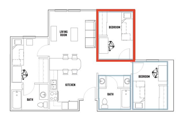Highlighted red is bedroom offered. Bathroom is highlighted in blue is shared with blue room highlighted. - VDCN Summer Sublease Single room (Female Only) Late June to August 30th Apartments