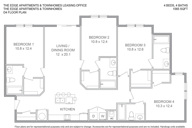 Apartment layout - The Edge 4x4 – $1060/mo, Furnished Room, 5 Min Walk to VT, Utilities Included