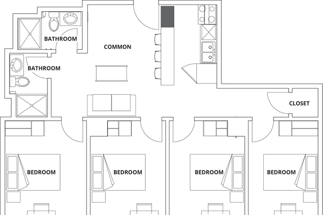 Layout of suite - 1 Furnished Bedroom in a 4 Bedroom Suite. 2 Bathrooms, 1 Kitchen. Utilities included.