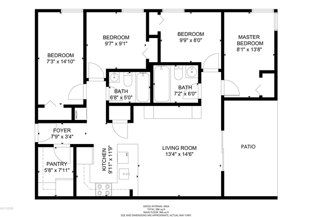 Floorplan - 4 BD/2 BA 1st floor- Hunter's Ridge Condo's w Bus Stop Fully Renovated furnished w TV in each room