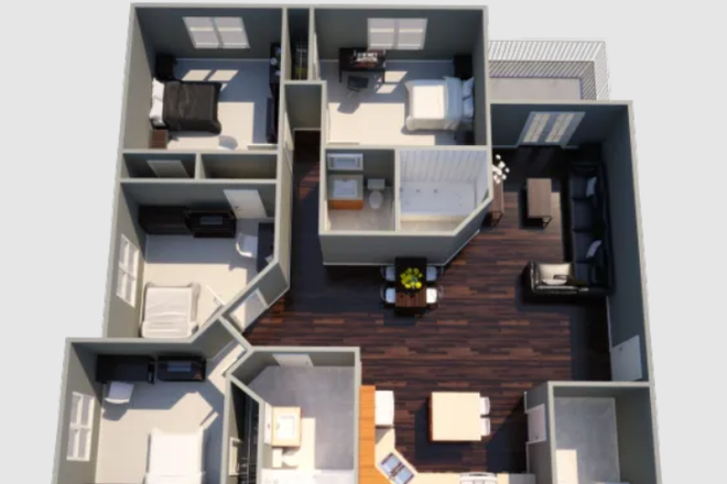 Floor plan of the apartment. Originally 4 bedroom 2 bathroom, but only one is available for sublet. Additional roommates allowed. - Village West