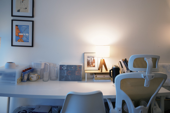 Bedroom 1, long table. - 10 Akron 1BR Convertible — 2 Private Rooms, Furnished | May 15–Jul 9 Apartments