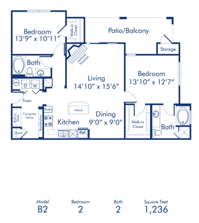 Full floor plan - Camden Asbury Village Apartments, 2 bedroom (need 1 to fill vacant room)