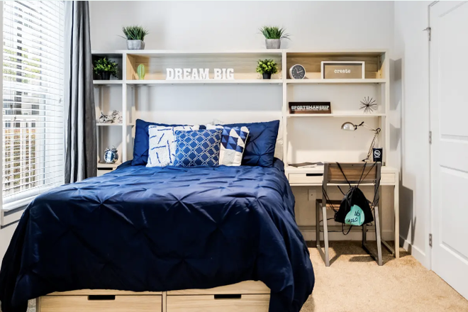 Living Room: 55' smart tv, alexa, entertainment stand, sofa, end chair, ottoman, side table, bar stools, premium wi-fi - Halo 46 Apartments