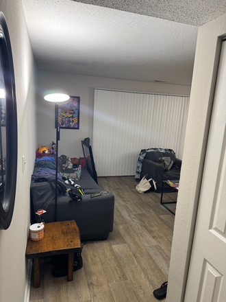 View of the living room from the entryway. Living room now has a shelf unit that can be used by person renting, as well as a large area rug. - Legacy at Druid Hills Apartments