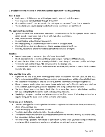 Post page 1 - 2 private bedrooms available in a 4BR Jamaica Plain apartment - starting 9/1/2026