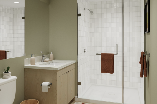 Bathroom (3D rendering) - Relet at HUB Tucson - First | SOLD OUT 2x2 Floor Plan | Male Only | Brand New | August 2025 Move-In Apartments