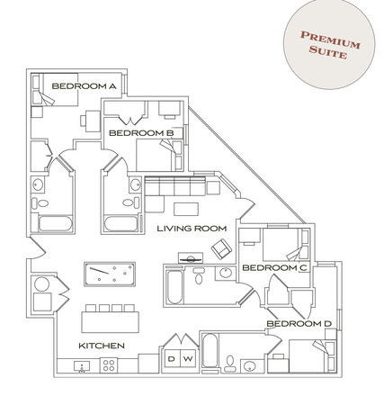 Labeled Dawson Floor Plan – 4x4 layout showing Bedroom C, private bathrooms, kitchen, and living space. - The Standard – Bedroom C w/ Private Bath, $1219/mo (Listed at $1572), Walk to UVA Apartments