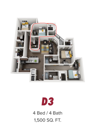 Floorplan with the outlined area for rent in red. - URGENT: Younion Fayetteville Pool View Sublease – $950 Apartments