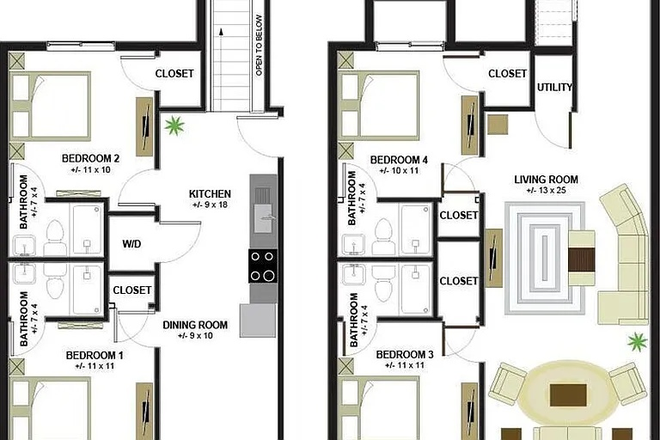Floorplan - 2b/2b, 3b/3b, 4b/4b - Private Bath per Bedroom, In-unit W/D, Modern Build, Walk to Drexel Apartments