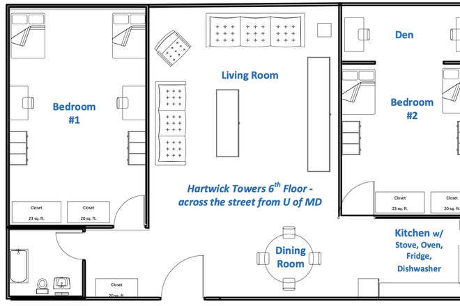 floor plan - *Price Reduced* Large Furnished 2 bed apartment available August 1 for $2660 for 4 students