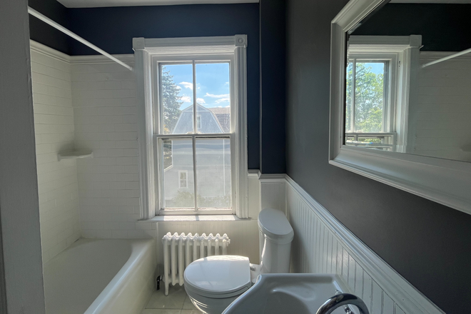 Shared bathroom with bathtub, shower, sink, mirror, and toilet. - 1BR-close-to-campus-Murray Pl-Princeton Apartments