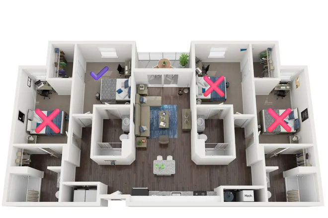 It has a walk-in closet and a bathroom. - Park West Apartment 4x4 Large Tower