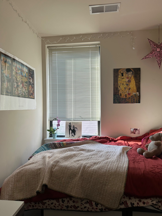 Bedroom, which includes a large walk in closet, bed, window into the courtyard, and a desk! - Terrapin Row Apartments