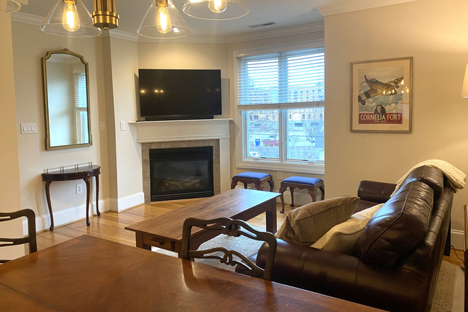 Living room w/ TV & gas fireplace - Two bedrooms + 2 private bathrooms
