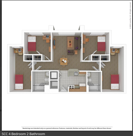 Full floor plan. The listed room would look like one of the rooms in the middle. - South Campus Commons 2 Apartments