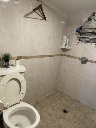 bathroom in the basement - small studio- furnished 1 bedroom own kitchen and bath Duplex