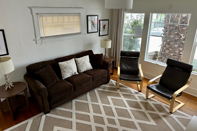 Living room with big windows and natural light - N Berkeley, furnished one or two bedroom apt, large, walk to UCB