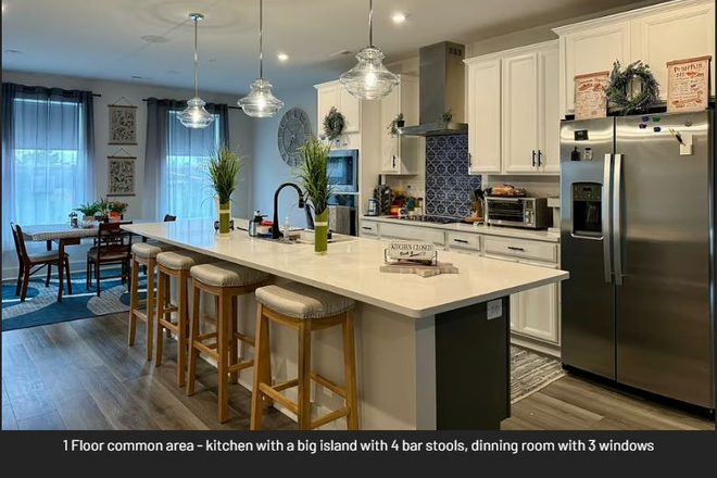 1st Floor common area-kitchen with a big island with 4 bar stools, dinning room with 3 windows - 2 Private Rooms for rent individually in New Construction Condo VCU