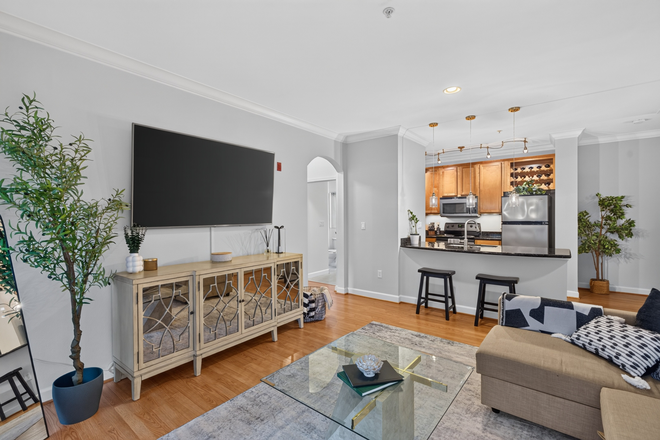 Living Room/Kitchen - Updated 1BR Condo with Pool, Attached Garage & Dog Park