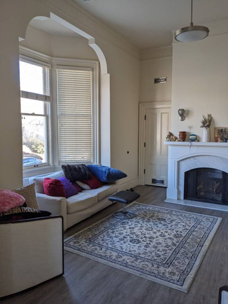 living room, with working gas fireplace - ??Summer (extendable) 3-person Friendly ARTSY House, 4 blks from Cal, SOUTHSIDE ?
