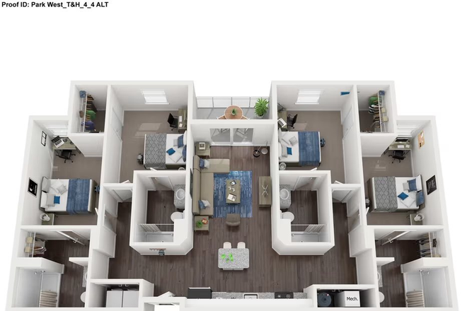 Floor plan of entire 4x4 large unit. Bedroom that is being rented is on the far left - Park West Apartments, 4x4 Large