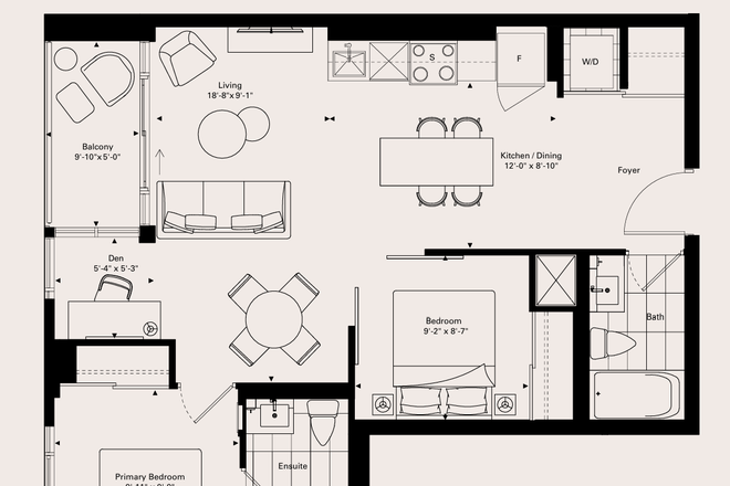 Floor plan - 1 bedroom in furnished 2-bedroom 2-bath apartment with ensuite laundry near Christie Pits