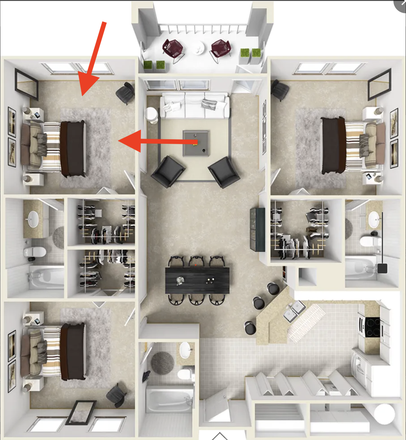 This well-designed floor plan is on the second floor. Arrows point to the specific unit which features the most privacy and convenience. - Affordable bedroom with private bathroom close to campus at Enclave Apartments
