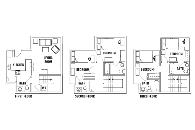 Floor plan, rooms are carpet, room for sublet is third floor - Camino Del Sol 4 bed 4.5 bath Townhouse Bedroom C