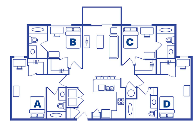 A layout of the floor plan. Shows four bedrooms and bathrooms, a kitchen area, and a living area. - The Lark Central Apartment close to campus