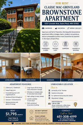 Apartment listing - FOR RENT — Spacious Mac-Groveland Brownstone Apartment Near campus