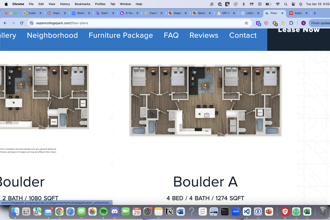 https://www.aspencollegepark.com/floor-plans    4x4 boulder a - 4 b 4 bath ( subletting one room and one bath) Apartments