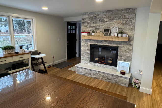 Dining area with expandable table for 12 and electric fireplace - Lake front beauty, 3 bedroom, 2 kitchen, private beach ! Newly renovated, gorgeous yard House