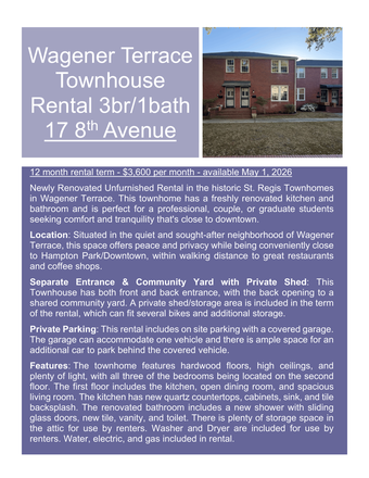 Info - Wagener Terrace Townhouse Rental 3br/1bath 17 8th Avenue