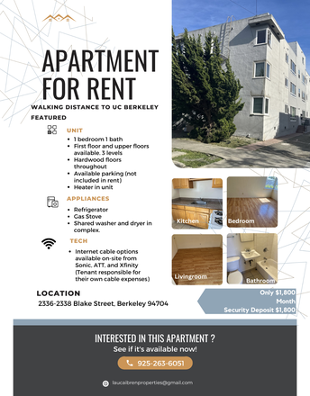 Property description - Prime Location! Spacious 1-Bedroom/1-Bath within Walking Distance to UC Berkeley Apartments