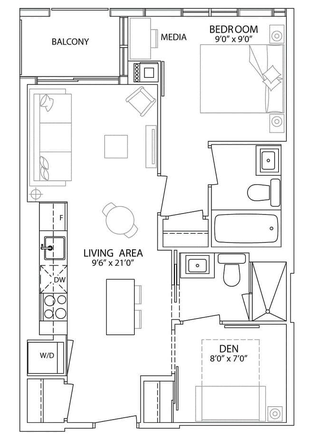 Floorplan of unit - 1 bedroom, 1 den, 2 bathrooms (den + bath for rent) in Yorkville