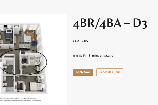 The floor plan for the entire unit. The specific room for this posting is circled. - The 87, Building B, 10 Minute Walk to Campus.