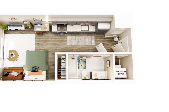 Studio floor plan with open living space, kitchen, bathroom, and in-unit washer and dryer. - Union Blacksburg