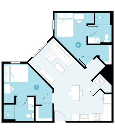 Floor Plan 2x2B: 2 beds, 2 private baths, common area, and kitchen - The Hub on Campus Blacksburg - 1 bedroom available 2x2B