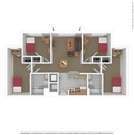 Complete layout of the unit - South Campus Commons Building 3 Apartments