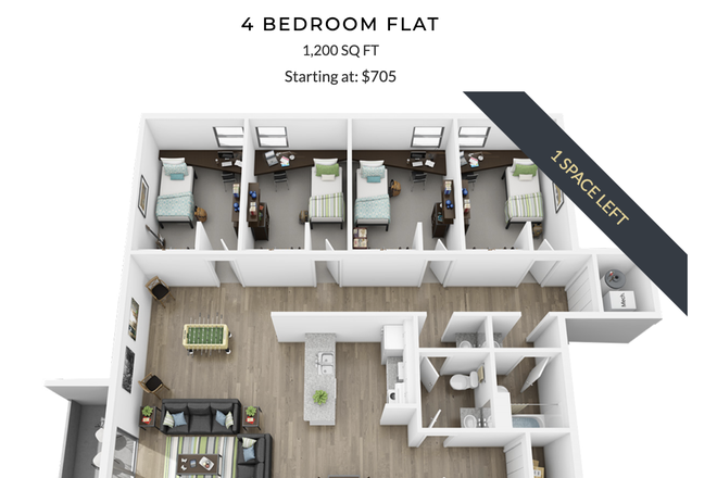 4 bed 1.5 bath Floor Plan - The Courtyards Apartments, Close to campus