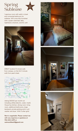 Flyer with location and description of listing - Room for Spring Sublease